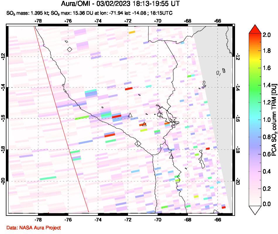 A sulfur dioxide image over Peru on Mar 02, 2023.