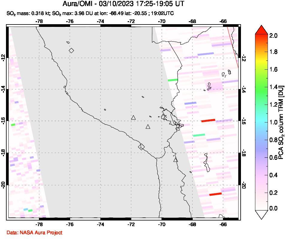 A sulfur dioxide image over Peru on Mar 10, 2023.