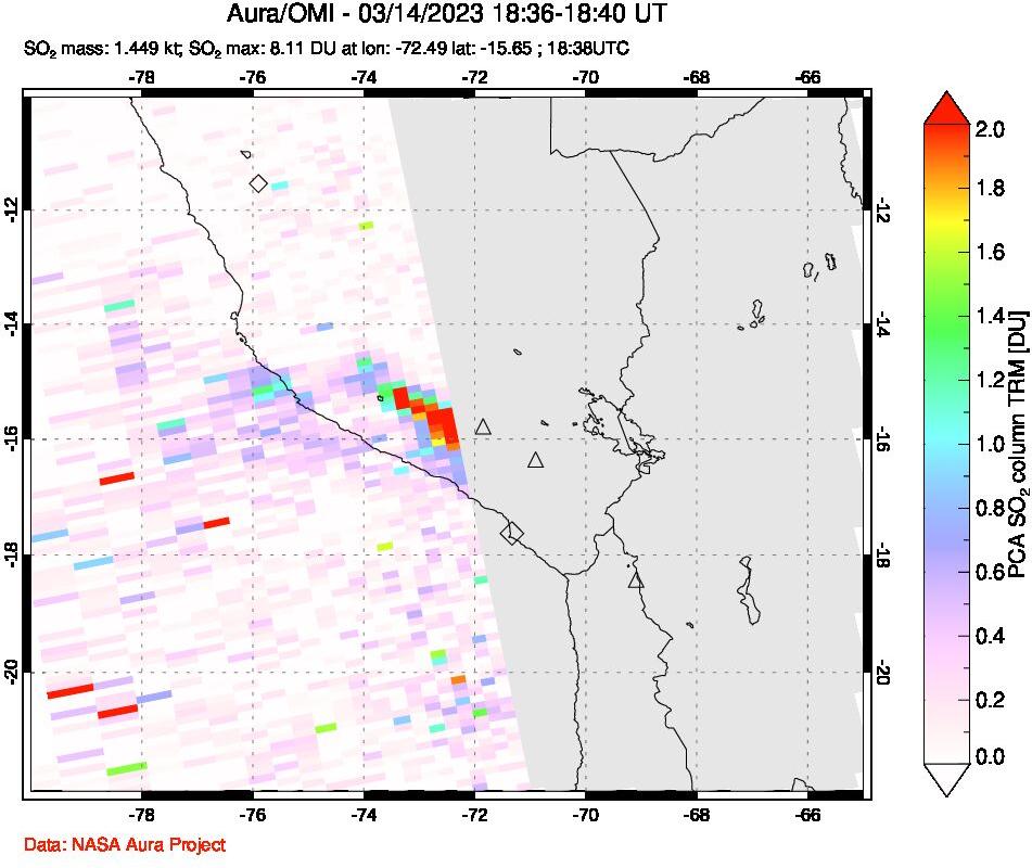 A sulfur dioxide image over Peru on Mar 14, 2023.