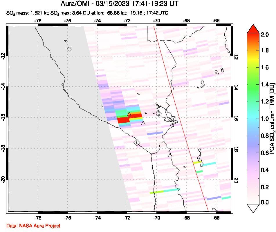 A sulfur dioxide image over Peru on Mar 15, 2023.