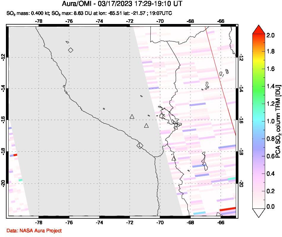 A sulfur dioxide image over Peru on Mar 17, 2023.
