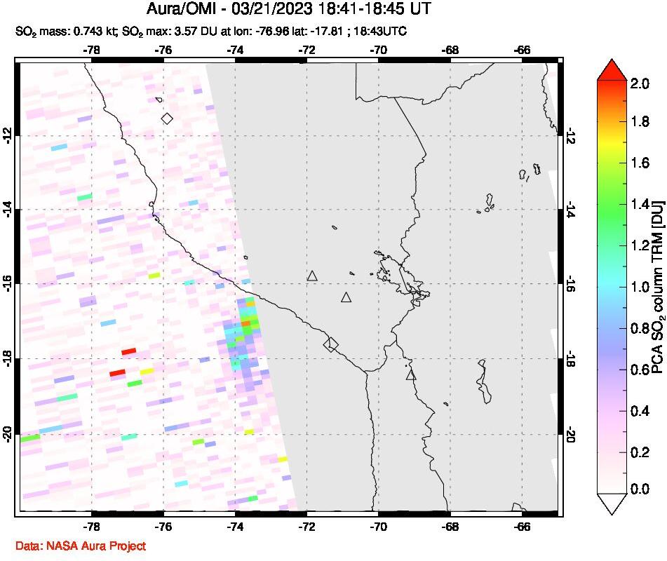 A sulfur dioxide image over Peru on Mar 21, 2023.