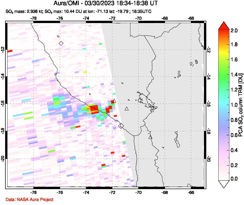 A sulfur dioxide image over Peru on Mar 30, 2023.