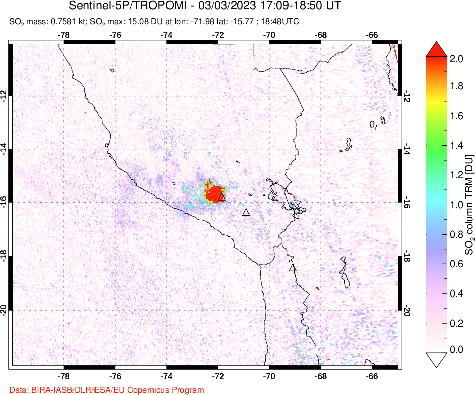 A sulfur dioxide image over Peru on Mar 03, 2023.