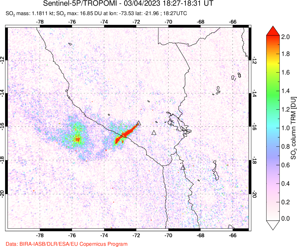 A sulfur dioxide image over Peru on Mar 04, 2023.