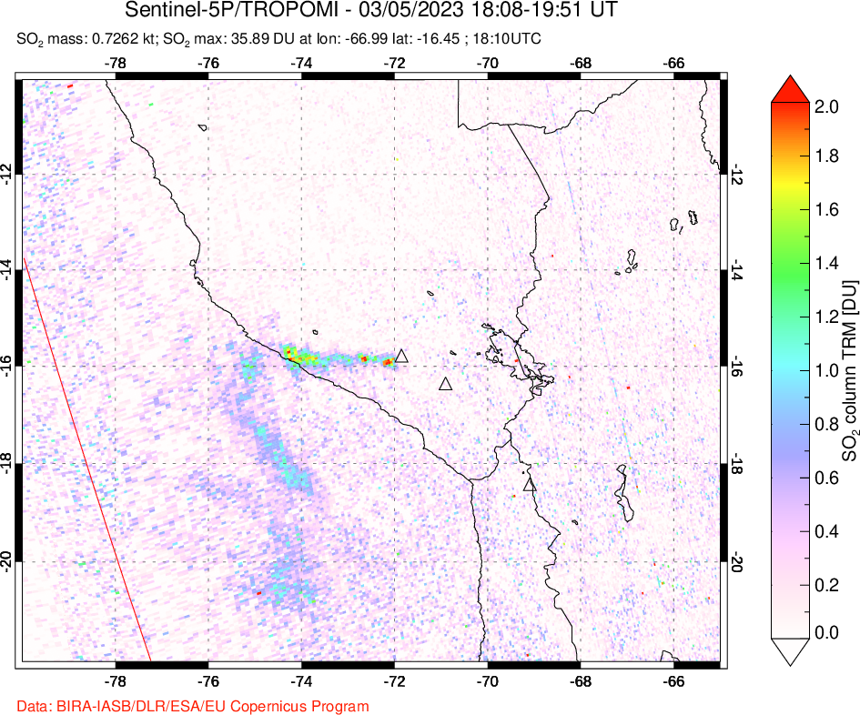 A sulfur dioxide image over Peru on Mar 05, 2023.