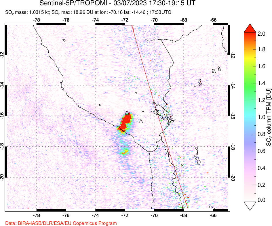 A sulfur dioxide image over Peru on Mar 07, 2023.