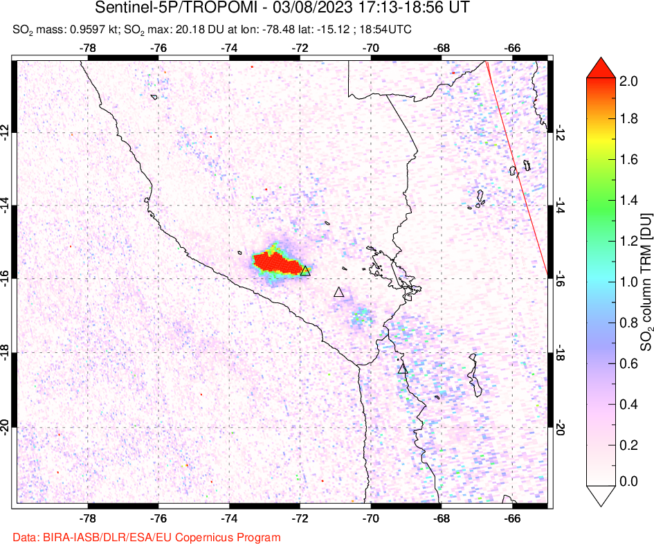 A sulfur dioxide image over Peru on Mar 08, 2023.