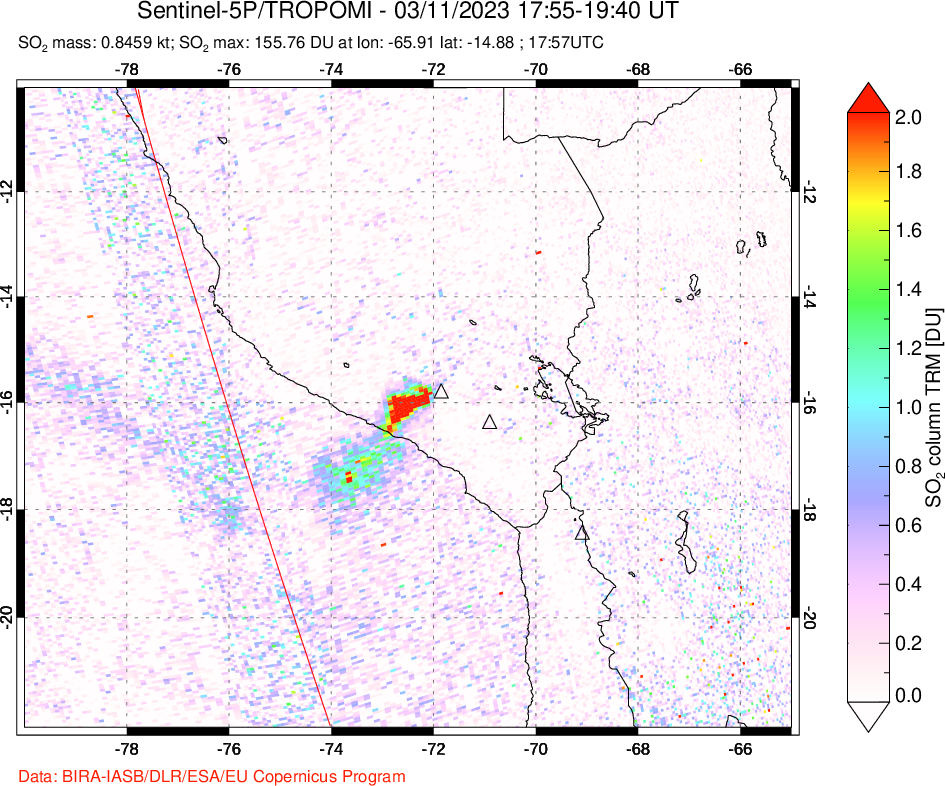 A sulfur dioxide image over Peru on Mar 11, 2023.
