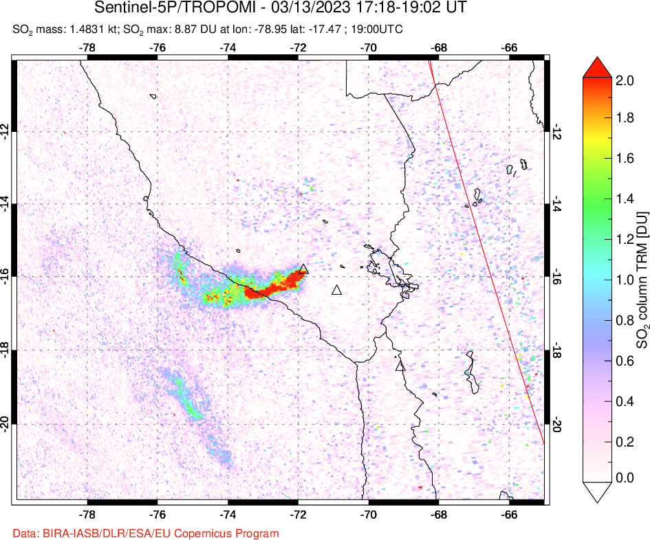 A sulfur dioxide image over Peru on Mar 13, 2023.