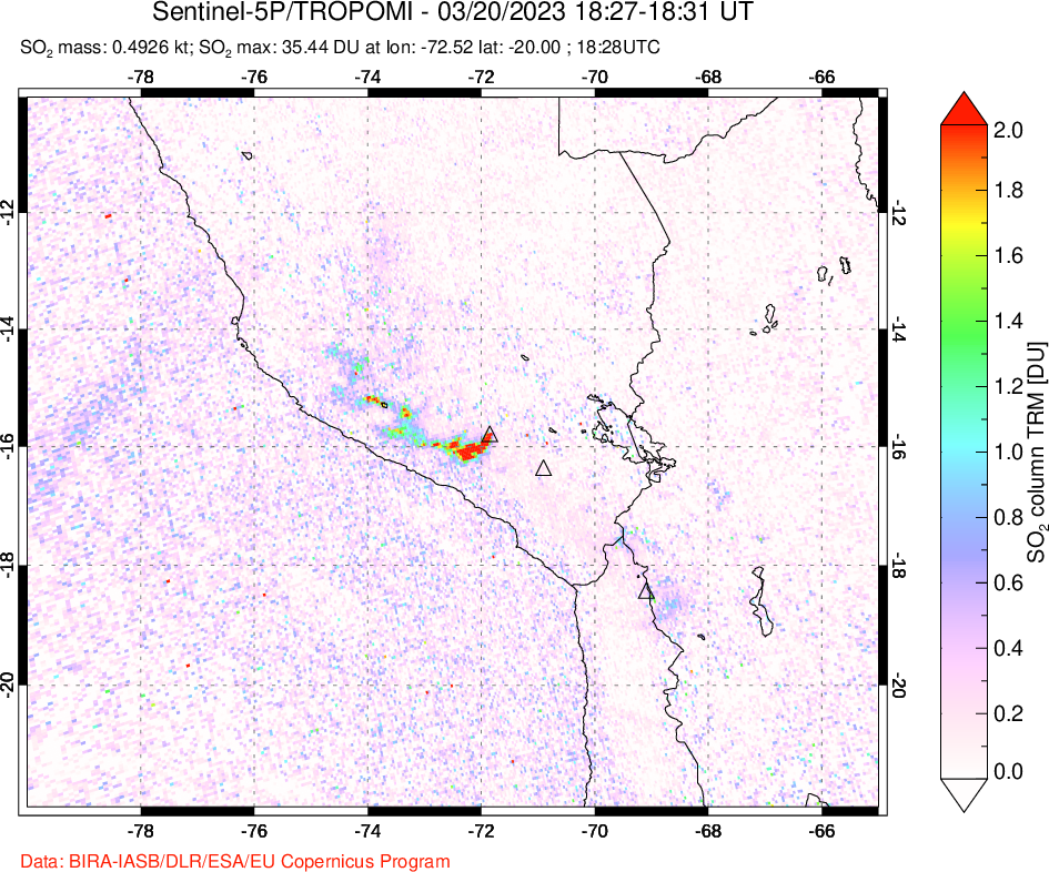 A sulfur dioxide image over Peru on Mar 20, 2023.