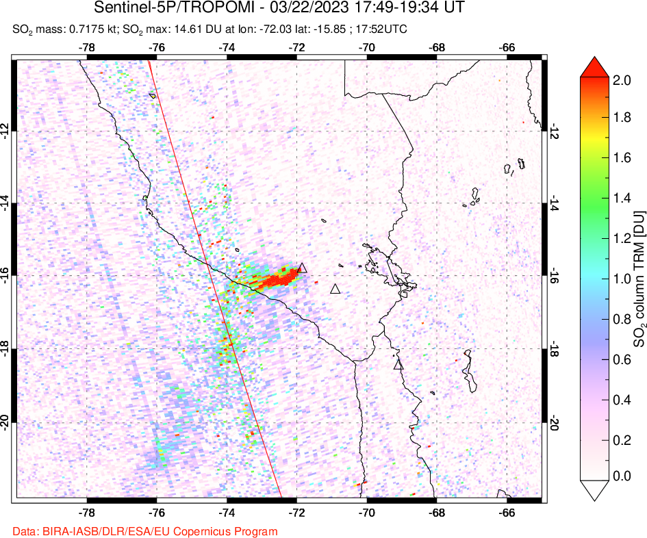 A sulfur dioxide image over Peru on Mar 22, 2023.