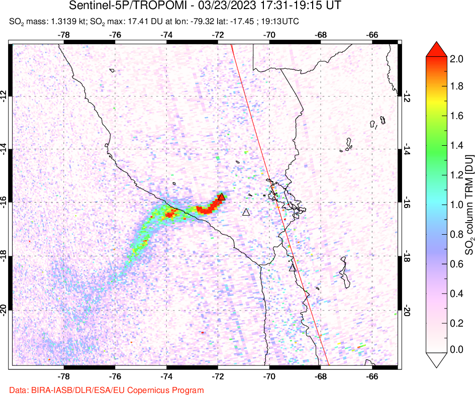 A sulfur dioxide image over Peru on Mar 23, 2023.