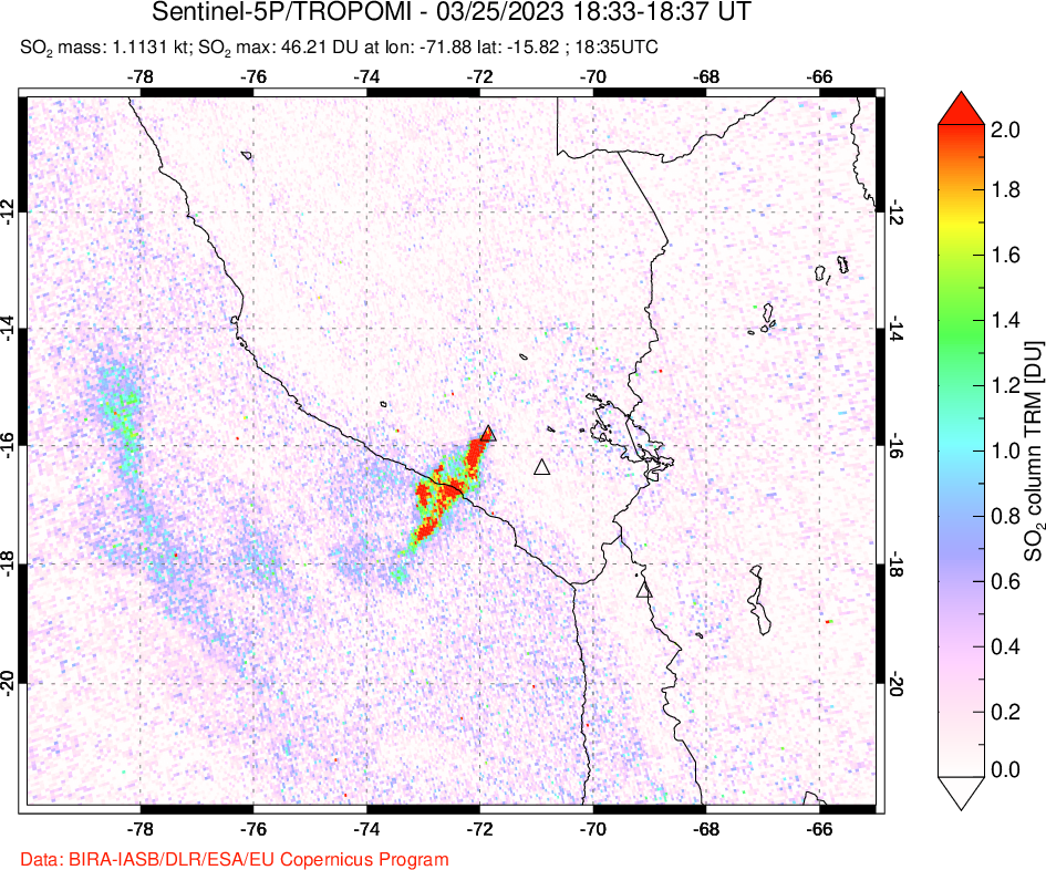 A sulfur dioxide image over Peru on Mar 25, 2023.