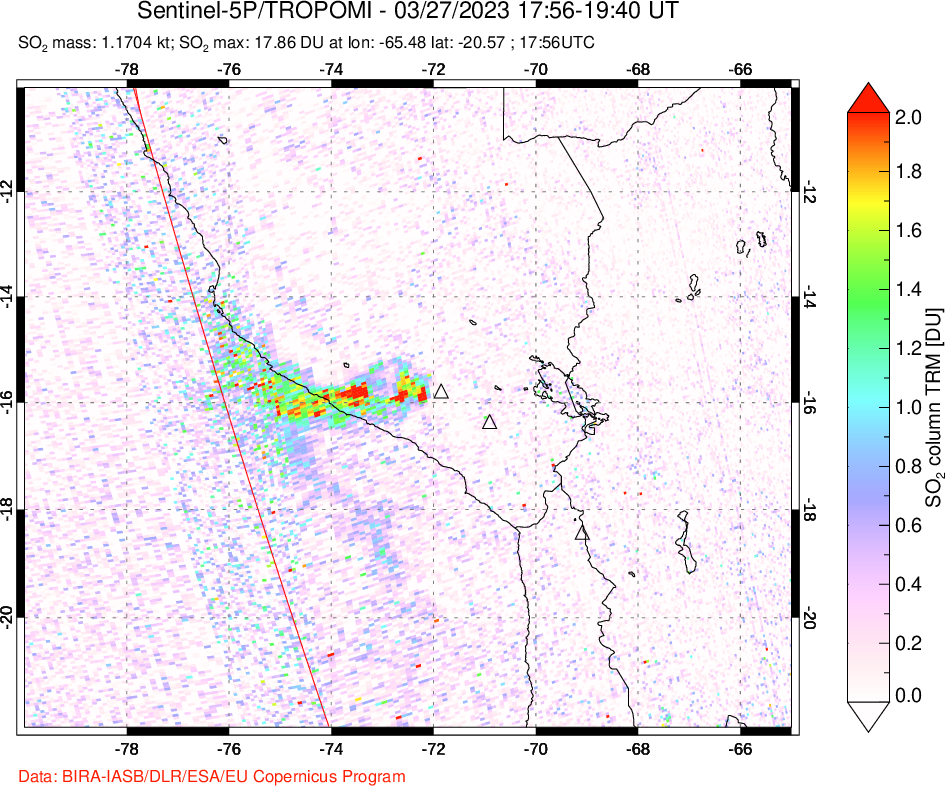 A sulfur dioxide image over Peru on Mar 27, 2023.