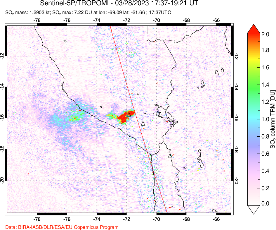 A sulfur dioxide image over Peru on Mar 28, 2023.