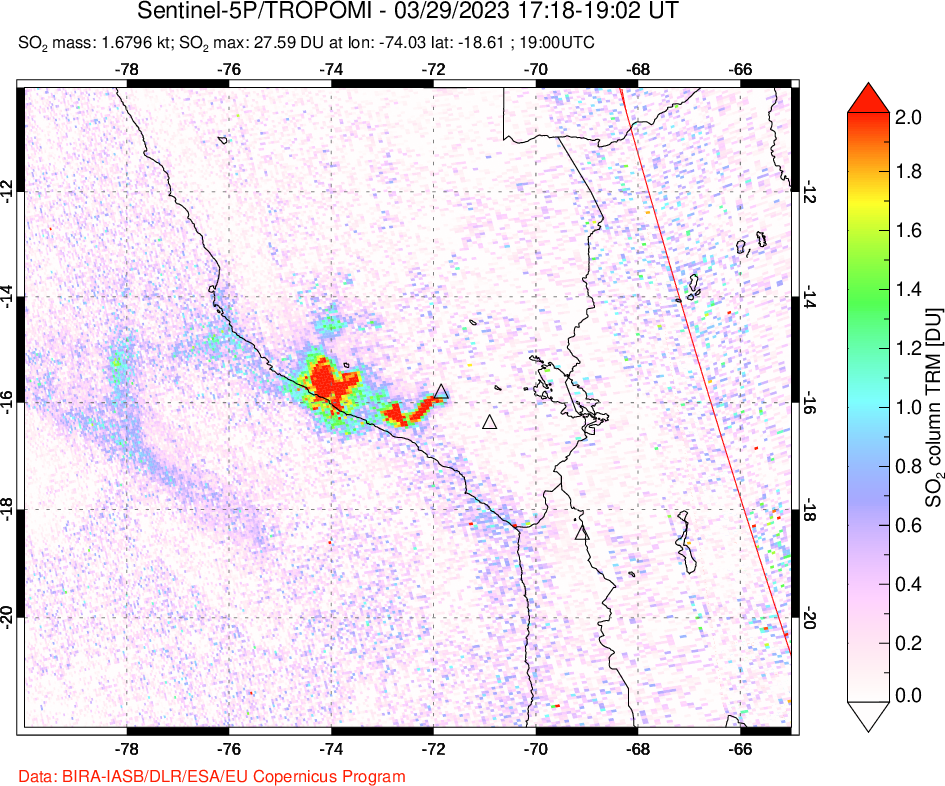 A sulfur dioxide image over Peru on Mar 29, 2023.