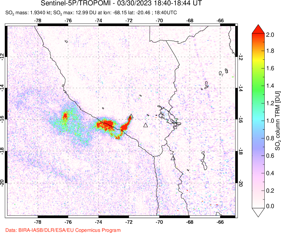 A sulfur dioxide image over Peru on Mar 30, 2023.