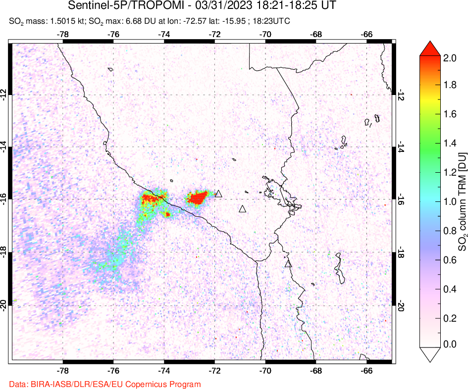 A sulfur dioxide image over Peru on Mar 31, 2023.