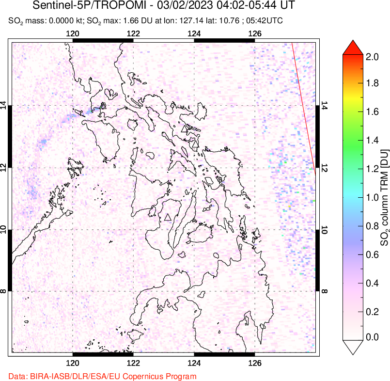 A sulfur dioxide image over Philippines on Mar 02, 2023.