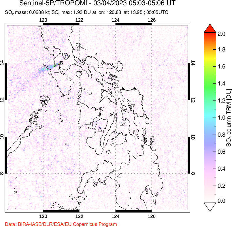 A sulfur dioxide image over Philippines on Mar 04, 2023.