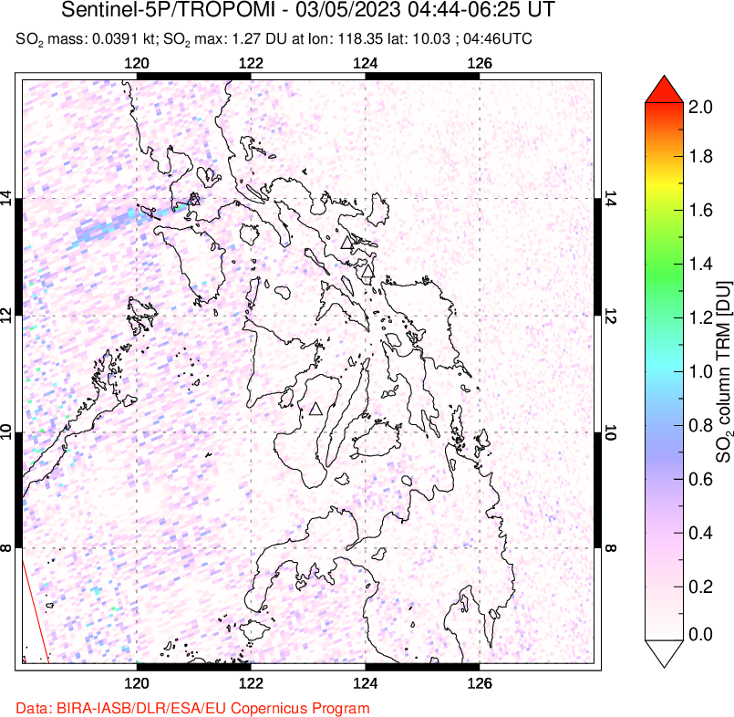 A sulfur dioxide image over Philippines on Mar 05, 2023.