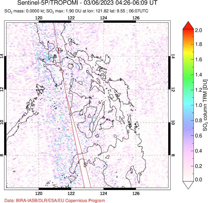 A sulfur dioxide image over Philippines on Mar 06, 2023.
