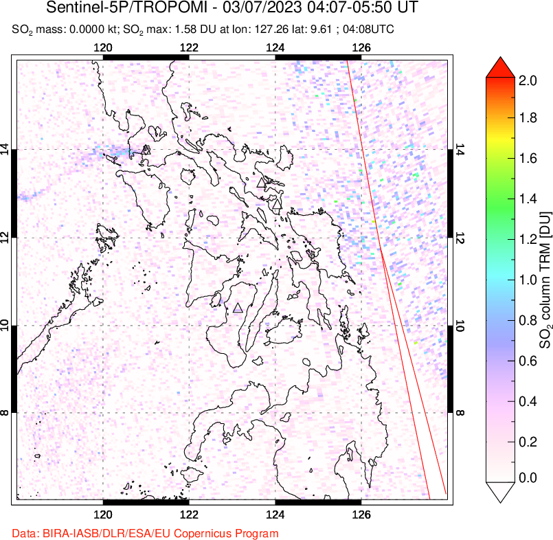 A sulfur dioxide image over Philippines on Mar 07, 2023.