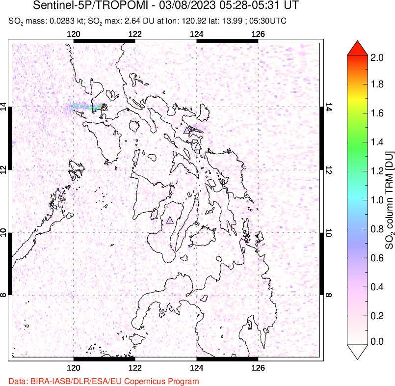 A sulfur dioxide image over Philippines on Mar 08, 2023.