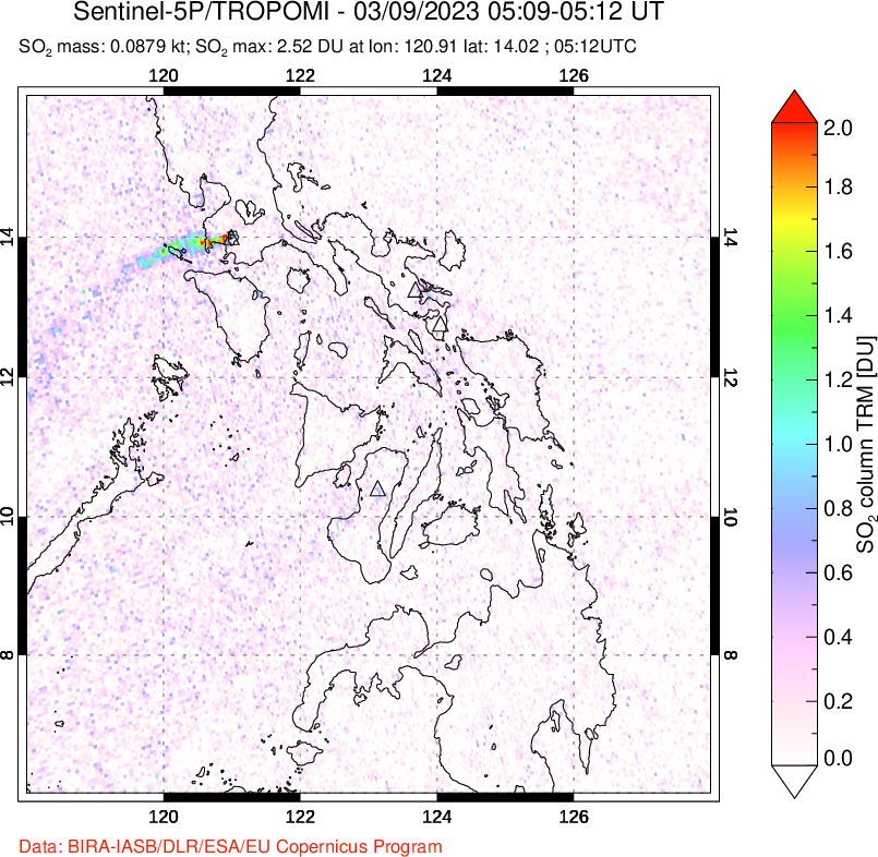 A sulfur dioxide image over Philippines on Mar 09, 2023.