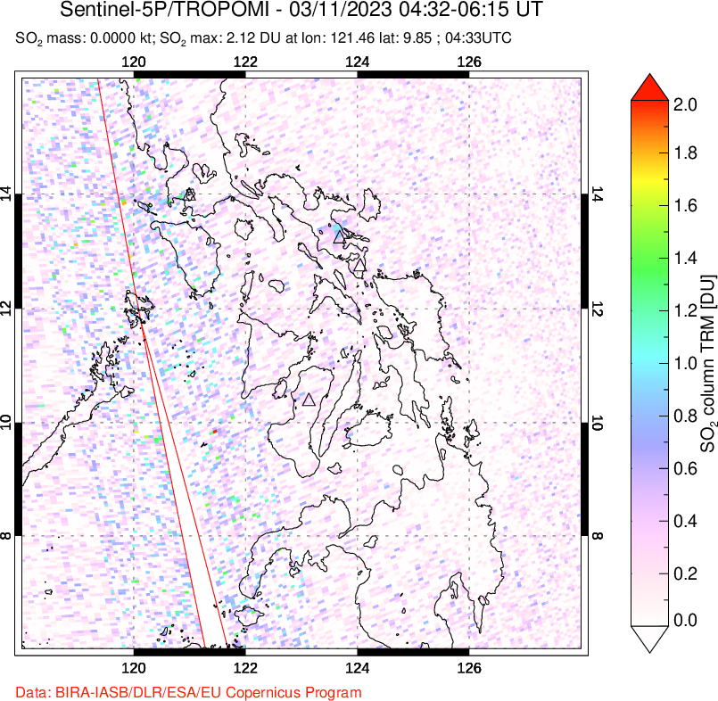 A sulfur dioxide image over Philippines on Mar 11, 2023.
