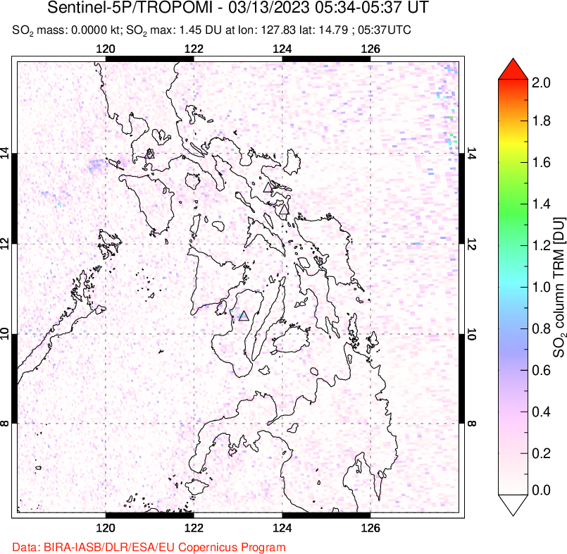 A sulfur dioxide image over Philippines on Mar 13, 2023.
