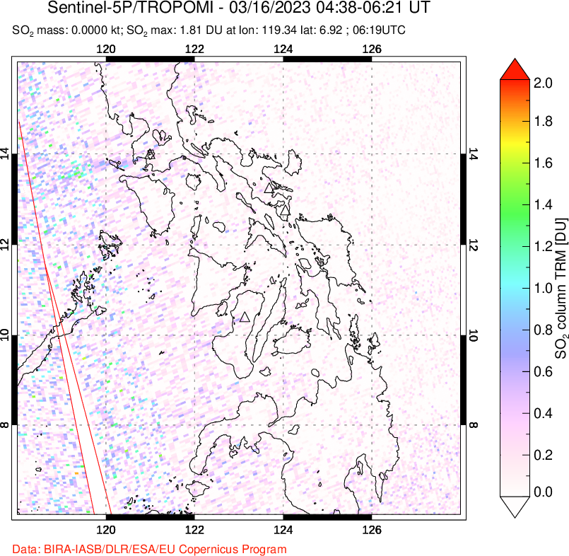 A sulfur dioxide image over Philippines on Mar 16, 2023.