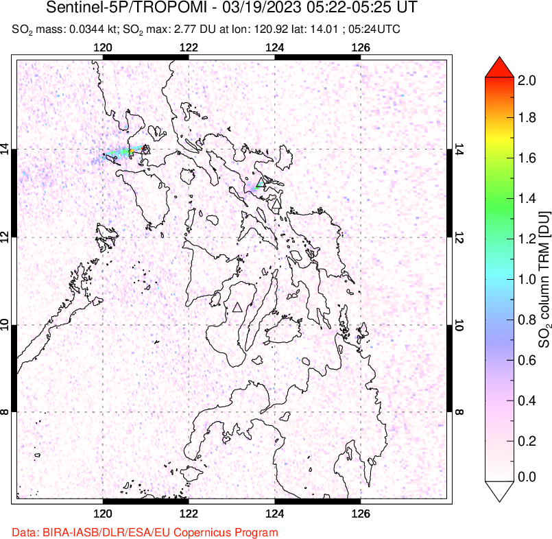 A sulfur dioxide image over Philippines on Mar 19, 2023.