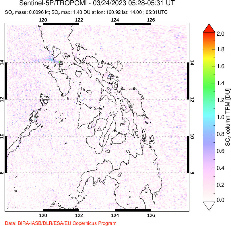 A sulfur dioxide image over Philippines on Mar 24, 2023.