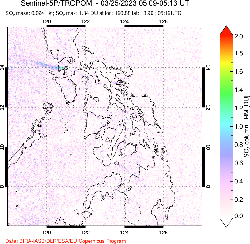 A sulfur dioxide image over Philippines on Mar 25, 2023.