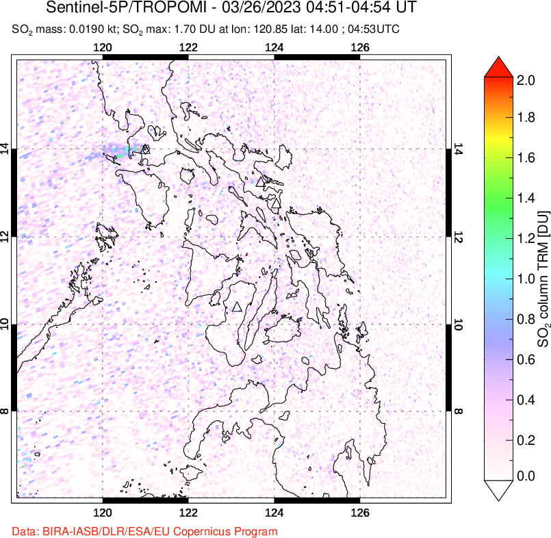 A sulfur dioxide image over Philippines on Mar 26, 2023.
