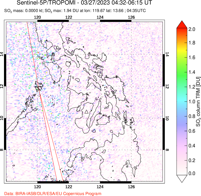 A sulfur dioxide image over Philippines on Mar 27, 2023.
