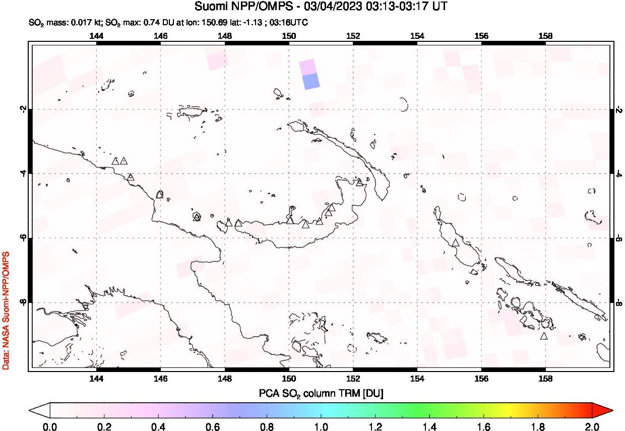 A sulfur dioxide image over Papua, New Guinea on Mar 04, 2023.