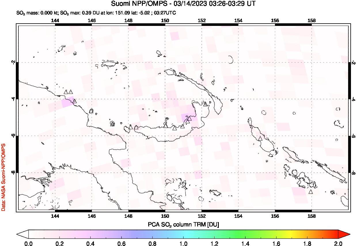 A sulfur dioxide image over Papua, New Guinea on Mar 14, 2023.