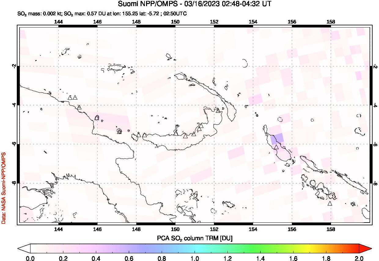 A sulfur dioxide image over Papua, New Guinea on Mar 16, 2023.