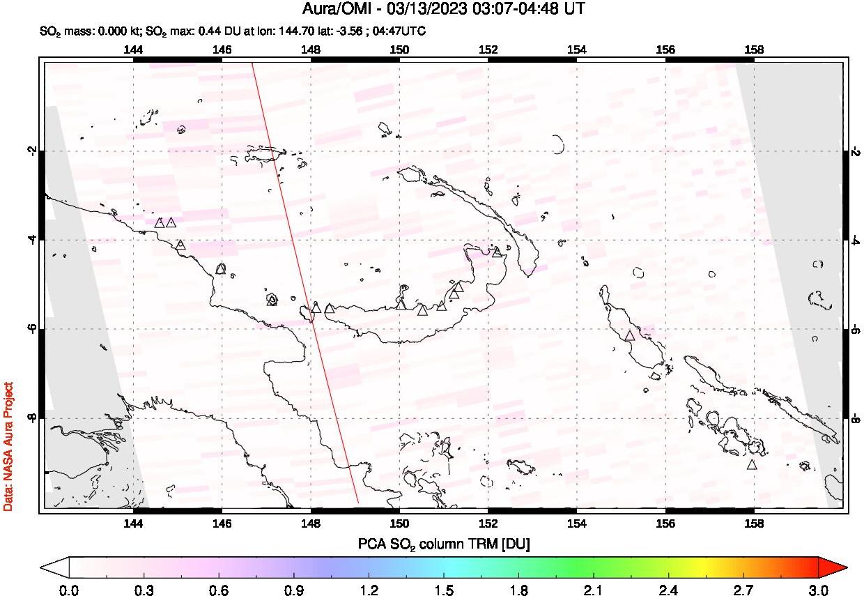 A sulfur dioxide image over Papua, New Guinea on Mar 13, 2023.