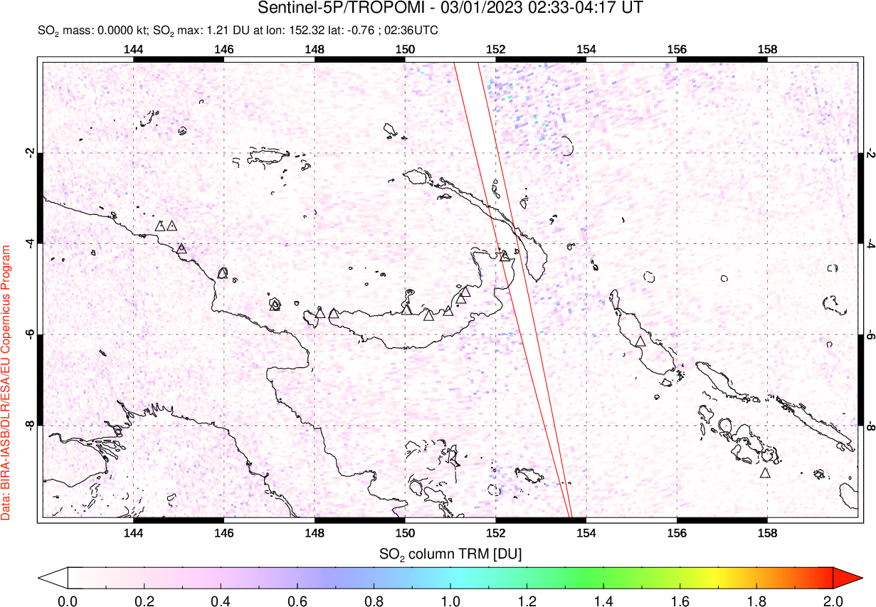 A sulfur dioxide image over Papua, New Guinea on Mar 01, 2023.