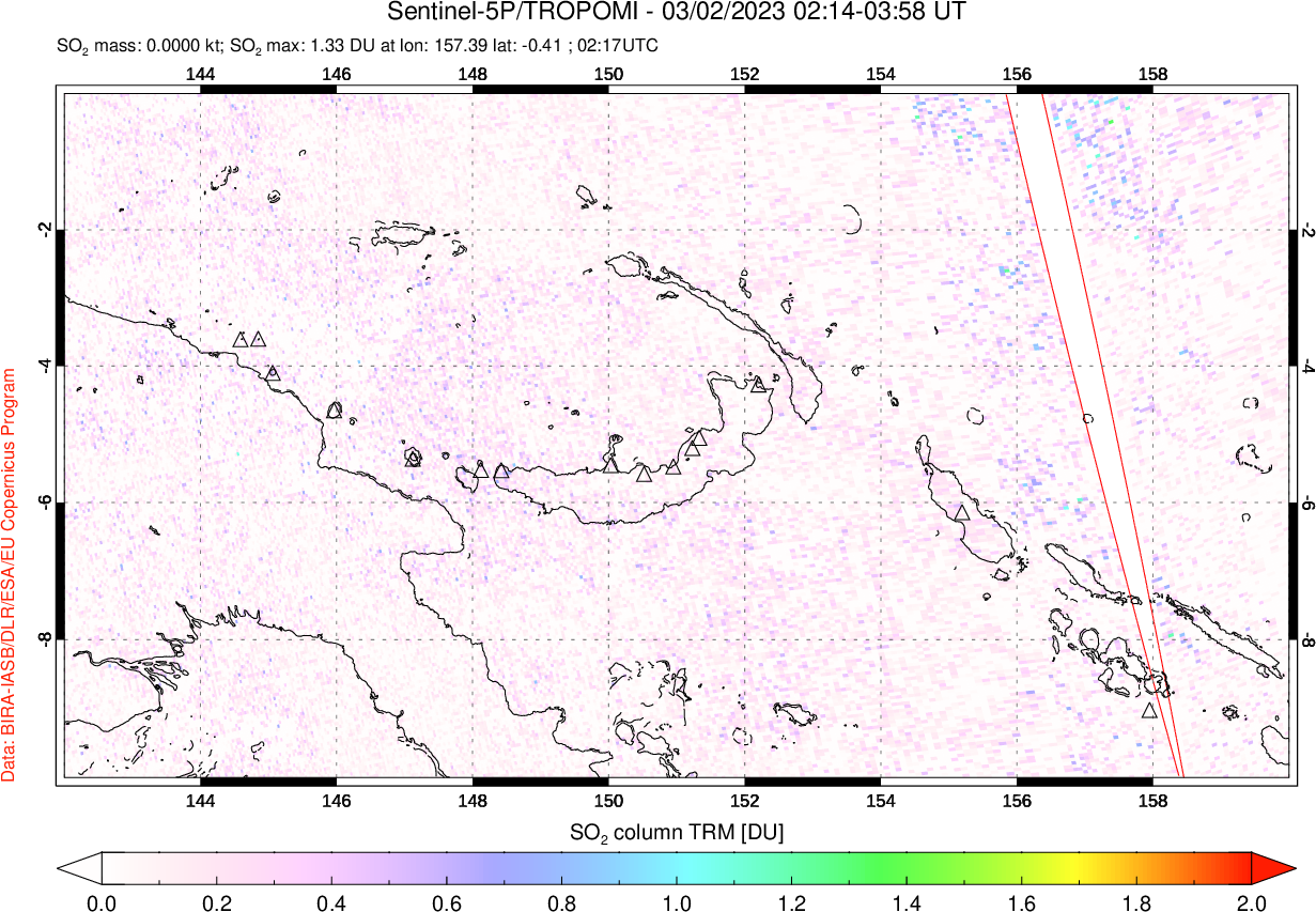 A sulfur dioxide image over Papua, New Guinea on Mar 02, 2023.