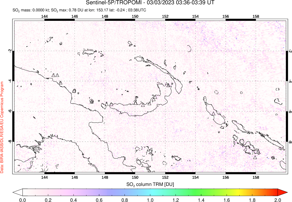 A sulfur dioxide image over Papua, New Guinea on Mar 03, 2023.