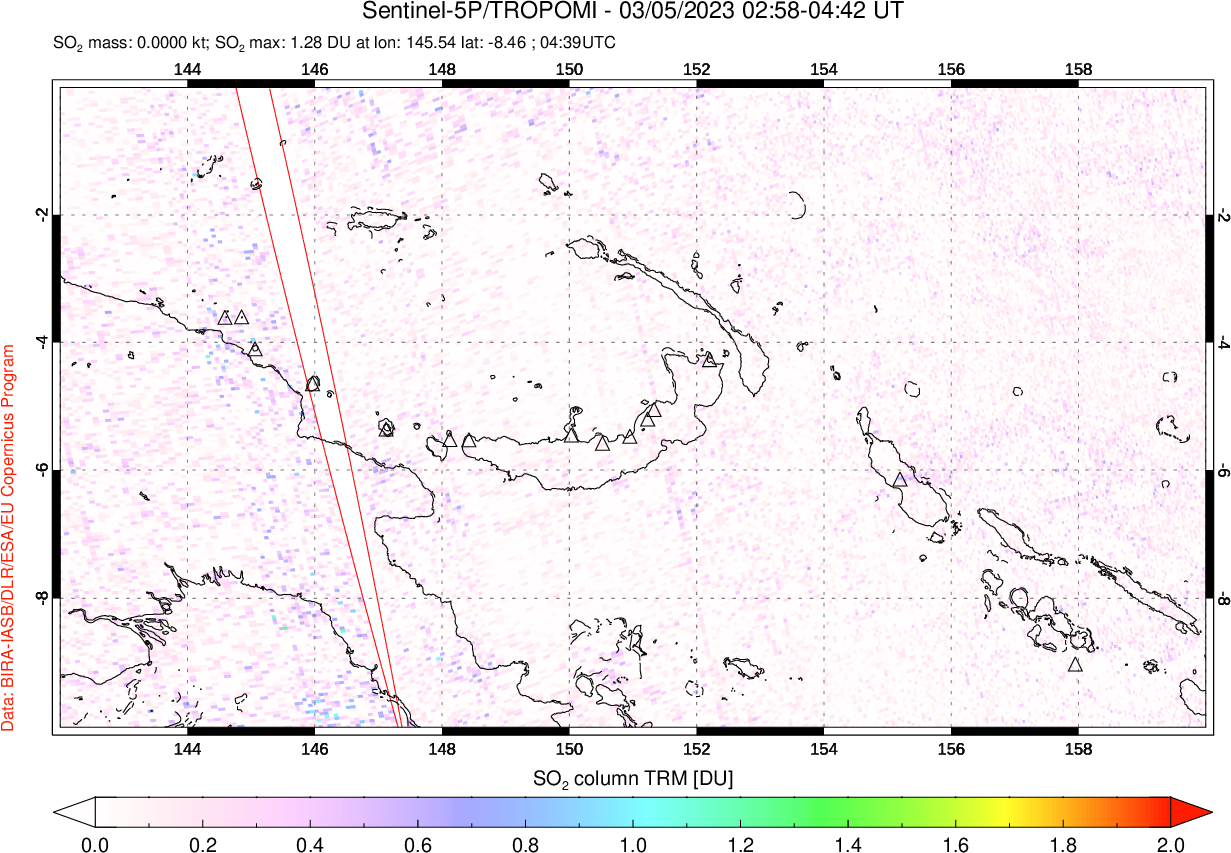 A sulfur dioxide image over Papua, New Guinea on Mar 05, 2023.