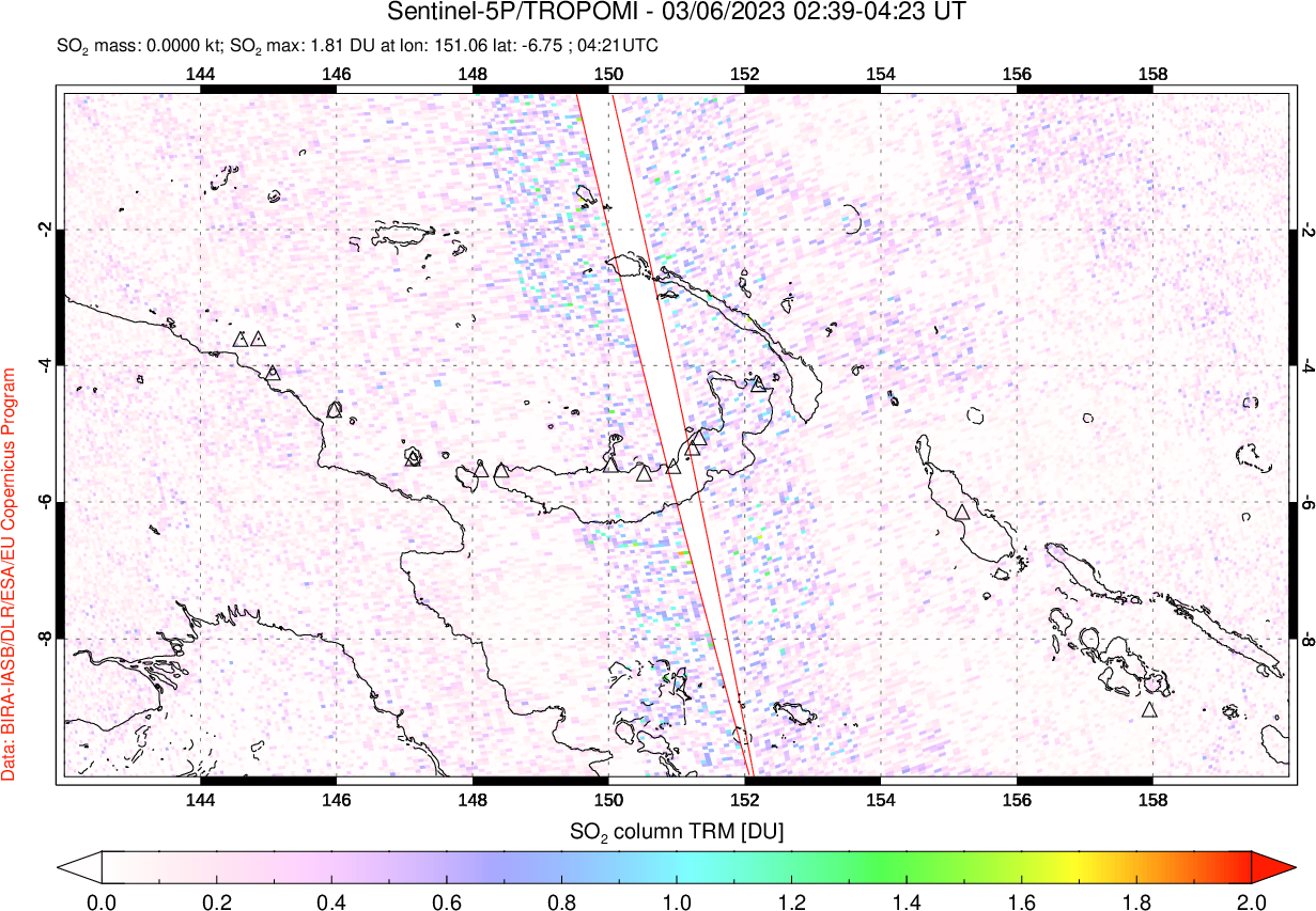 A sulfur dioxide image over Papua, New Guinea on Mar 06, 2023.