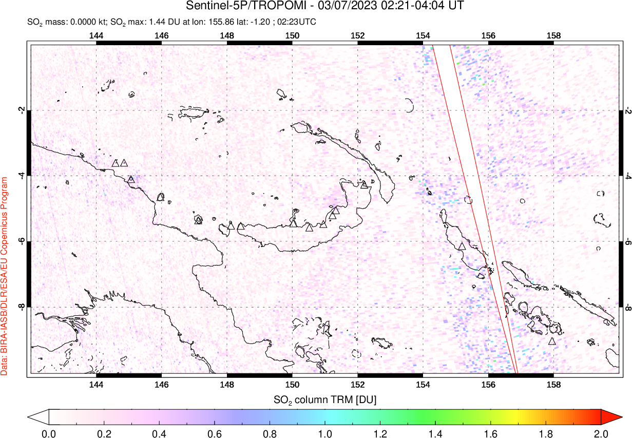 A sulfur dioxide image over Papua, New Guinea on Mar 07, 2023.