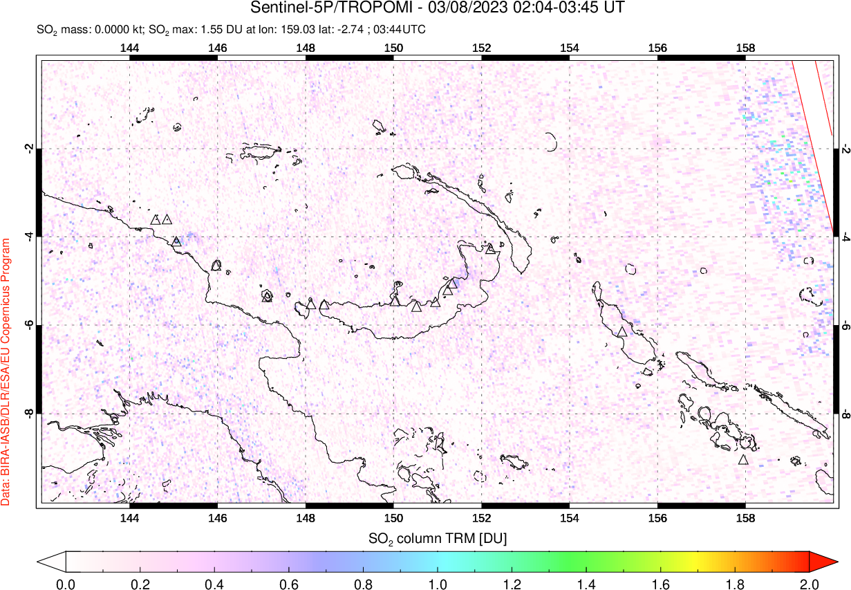 A sulfur dioxide image over Papua, New Guinea on Mar 08, 2023.