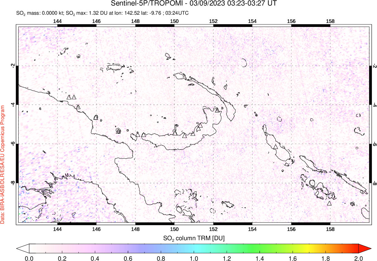 A sulfur dioxide image over Papua, New Guinea on Mar 09, 2023.